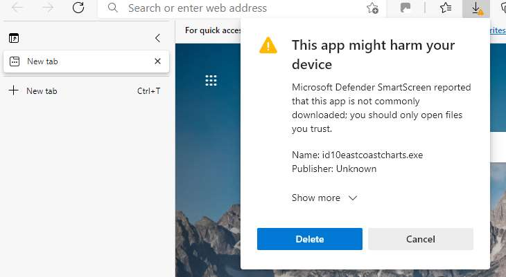 A warning reading This app might harm your device, with a Show more link